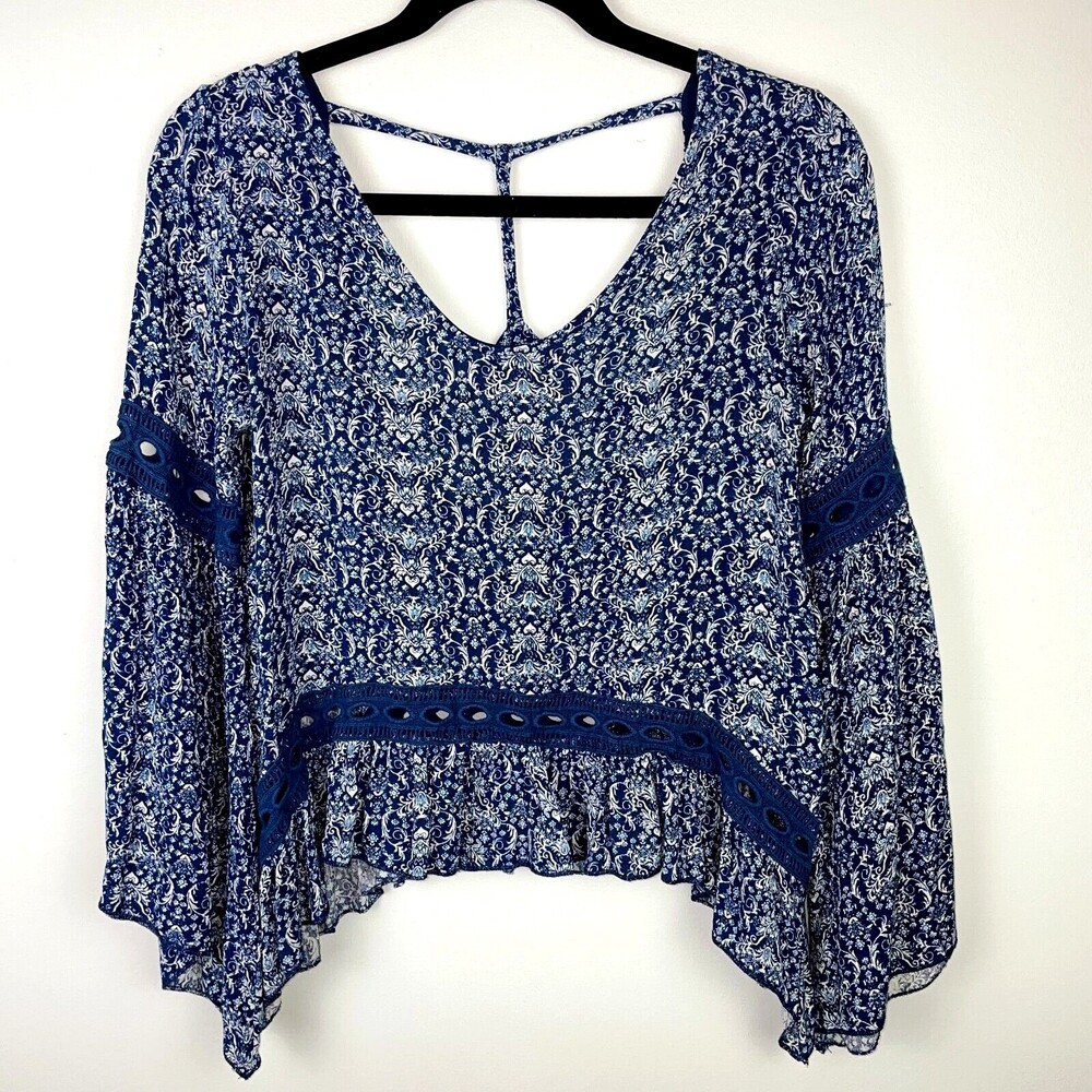 Vintage Havana Blue Floral Long Bell Sleeve Strappy Top Blouse Crochet Trim Sz S